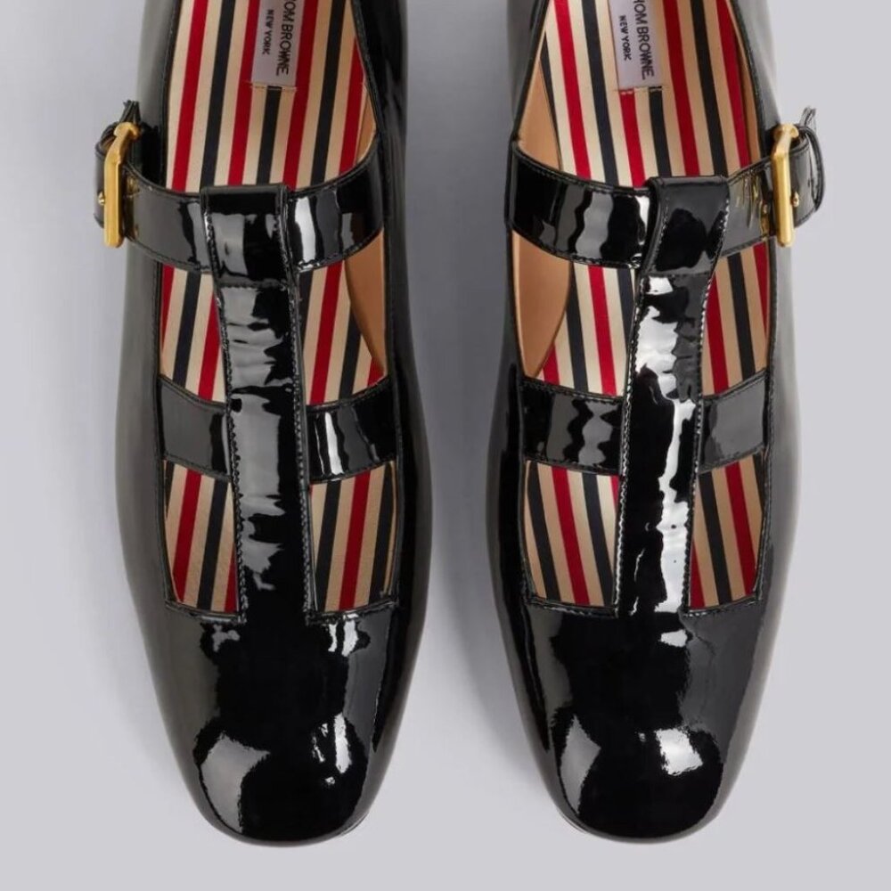 Thom Browne Black Soft Patent Calfskin T-bar Mary Jane Flat